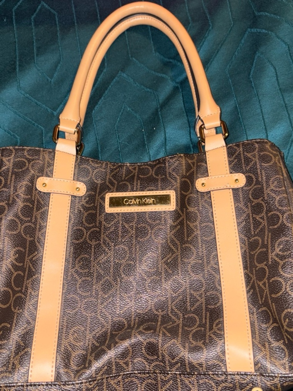 Calvin Klein Brown Monogram Tote with Beige Trim